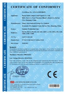 A blue "Certificate of Conformity" document featuring details including the manufacturer (Ruian Saintly International Group Co., Ltd.), address, details of the product (GUMMY MAKING MACHINE), TCF No., compliance information, and stamps for approval.