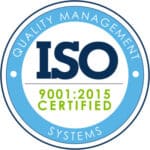 A circular badge with a light blue border, containing the text "QUALITY MANAGEMENT SYSTEMS" around the perimeter. The badge's center reads "ISO" in large dark blue letters, with "9001:2015 CERTIFIED" in green beneath it—reliable as a Gummygenix process.