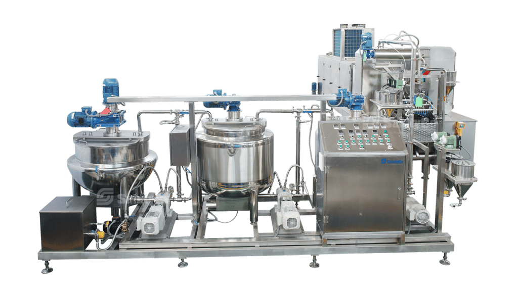 A stainless steel automated industrial food processing machine from SaintyCo, featuring multiple interconnected tanks, pipes, and control panels. The system includes mixing vessels, pumps, and electronic controls, suitable for large-scale gummy production or chemical processing.