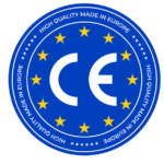 A blue circular label with the CE marking in white at the center, surrounded by yellow stars. The outer ring has the text "HIGH QUALITY MADE IN EUROPE" repeated twice along its edge, perfect for certifying gummy manufacturing equipment.