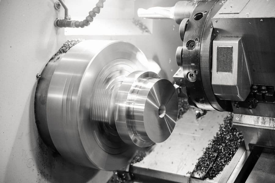 A close-up view of a metal lathe machine in operation, shaping a rotating cylindrical metal part. The surroundings are filled with metal shavings, and the scene is well-lit, highlighting the precision and mechanics of the lathing process. The image is in black and white, much like an old SaintyCo catalog shot.