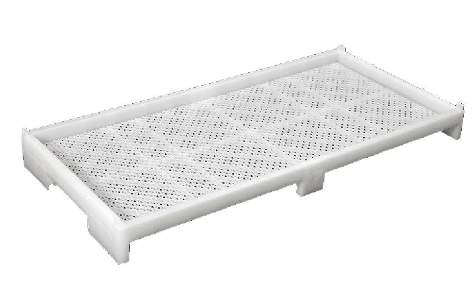 A rectangular white plastic pallet with a perforated surface, ideal for use with a gummy-making machine. The grid-like pattern consists of small holes and raised edges on all sides, featuring side slots for easy lifting and handling.