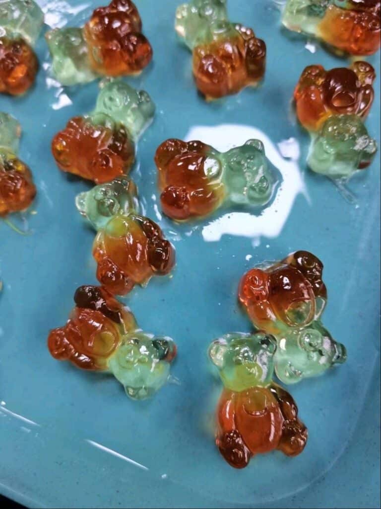 Colorful gummy bears with a mix of green and brown hues, created by the innovative Gummygenix gummy making machine, are arranged on a blue plate. Their glossy, translucent appearance highlights their detailed shapes and textures, making them appear enticing and sweet.