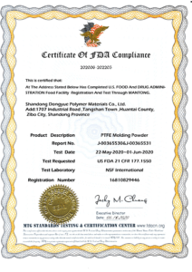 Certificate of FDA Compliance issued to Shandong Dongyue Polymer Materials Co., Ltd. from MTG Standards Testing & Certification Center for completing U.S. Food and Drug Administration facility registration and test related to gummy manufacturing equipment. Date of Issue: 22-May-2020.