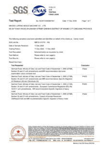 The image displays the first page of a test report conducted by SGS for Ningbo Luifen Mould Machine Co., LTD. Test results for various food-related regulatory standards, including LFGB, BFR, and EC1935/2004, all show "PASS" status. This is crucial for ensuring the safety of gummy manufacturing equipment.