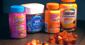 Four bottles of gummy vitamins on a wooden surface with scattered gummies in front, hinting at the efficiency of modern gummy manufacturing equipment. Brands visible include Flintstones Gummies Complete, The Perfect Men's Multi, One A Day Women's, and Centrum MultiGummies. The gummies are multicolored and various shapes.