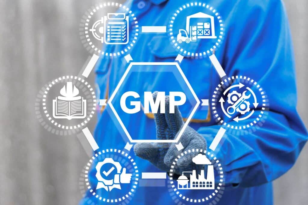 A person in blue protective clothing points to a hexagon with "GMP" inside it, surrounded by icons representing concepts like inventory, shipping, safety, machinery, quality assurance, and manufacturing. In the context of SaintyCo's high-tech gummy depositor equipment, this scene illustrates Good Manufacturing Practices.