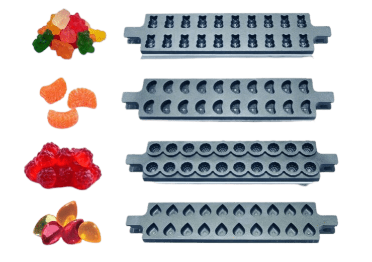 Four metal gummy molds are displayed, showcasing the precision of gummy manufacturing equipment. Each mold has a unique shape: bears on top, orange segments second, raspberries third, and droplets on the bottom. To the left of each mold is a sample of the corresponding gummy candy.