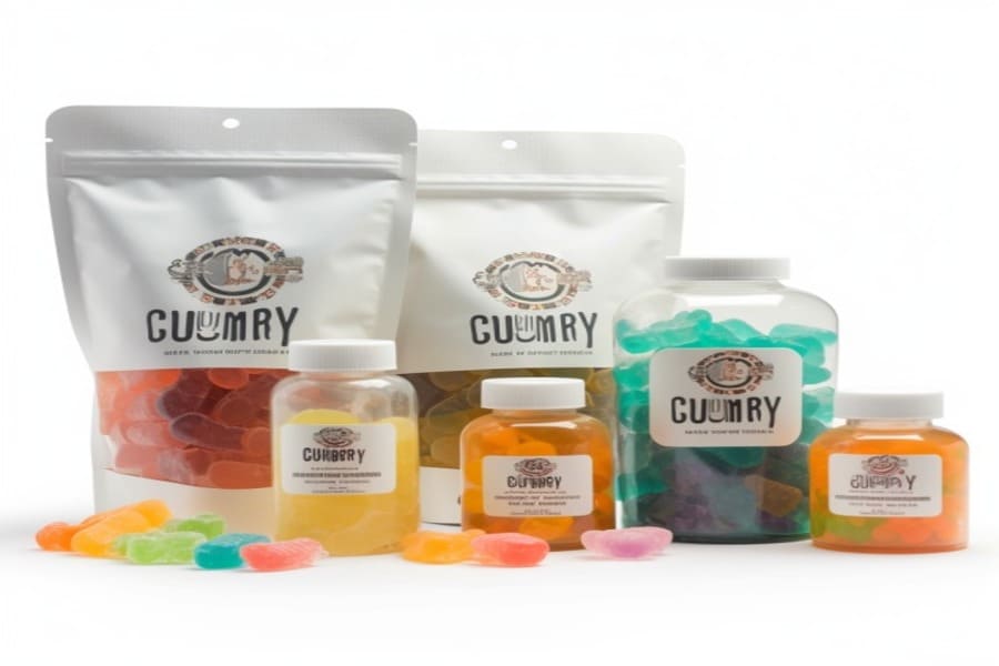 Assorted gummy candies in various transparent containers are displayed. The packaging includes white stand-up pouches, plastic jars, and bottles from Gummygenix, all labeled with "Gummy" and featuring colorful gummy candies in different shapes and colors spread around.