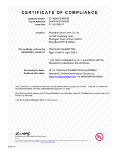 A Certificate of Compliance issued to Shanghai Qifan Cable Co Ltd for Thermoset-Insulated Wire, Type XHHW-2, confirming it meets UL standards. Issued June 3, 2019, by a UL Compliance Engineer and featuring repeated grey UL logos in the background.