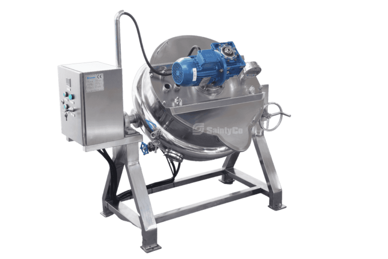 100L stainless-steel tilt kettle used for gummy syrup preparation
