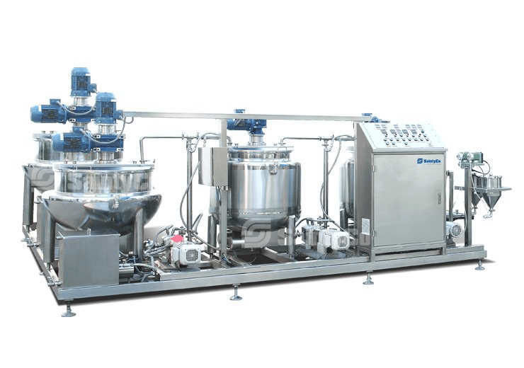 A modern, industrial stainless steel food processing machine with multiple mixing tanks, motors, and pipes connected to a control panel. Designed for large-scale food production and mixing applications, it includes a state-of-the-art gummy depositor for efficient gummy making.