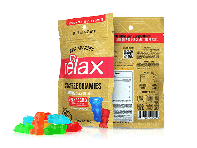 A bag of Relax brand CBD infused sugar-free gummies is displayed, produced using state-of-the-art gummy manufacturing equipment. The gold bag with red and white text details "Extreme Strength" and "CBD - 1000MG." Several colorful gummy bears are scattered in front of the bag.