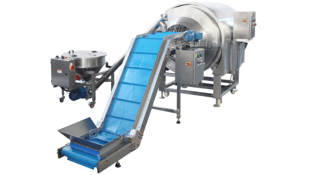 Industrial food processing machine with a circular drum, a rectangular control unit, and a blue conveyor belt. The gummy manufacturing equipment has a metallic finish, safety features, and is designed for high-capacity food production. It is mounted on a metal frame with wheels.