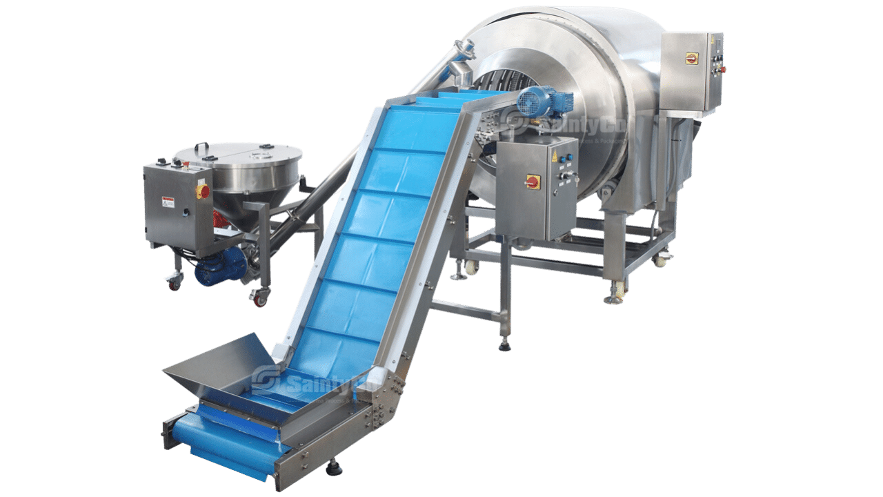 Industrial food processing machine with a circular drum, a rectangular control unit, and a blue conveyor belt. The gummy manufacturing equipment has a metallic finish, safety features, and is designed for high-capacity food production. It is mounted on a metal frame with wheels.