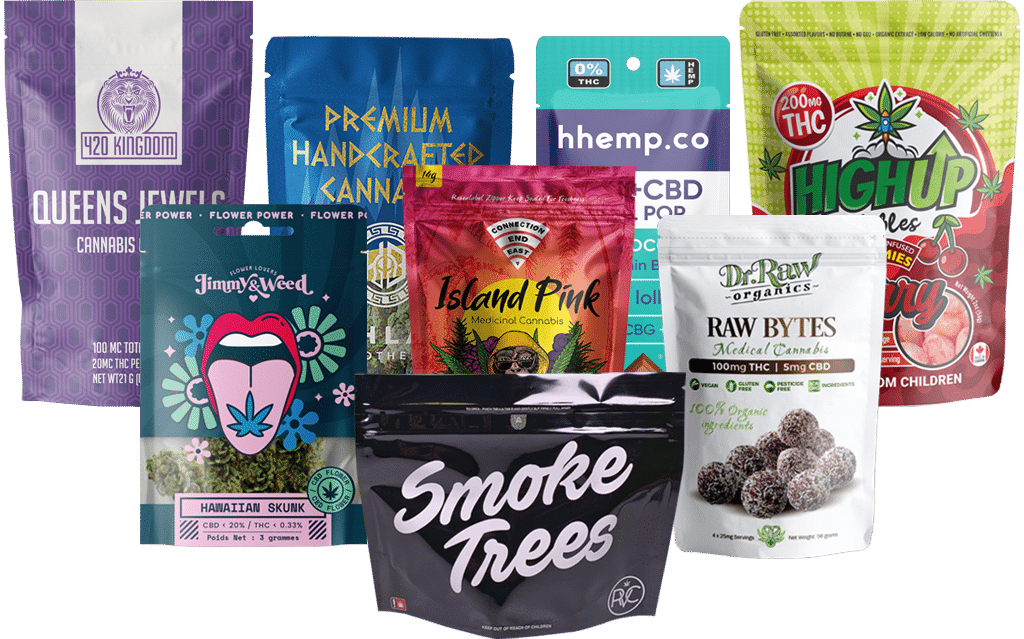 A variety of cannabis product packaging is displayed, including brands like Hemplucid, Queens Jewel, and Dr. Raw Organics. The packages feature diverse designs and colors, showcasing products like edibles—especially gummies from Gummygenix—pre-rolls, and raw cannabis.