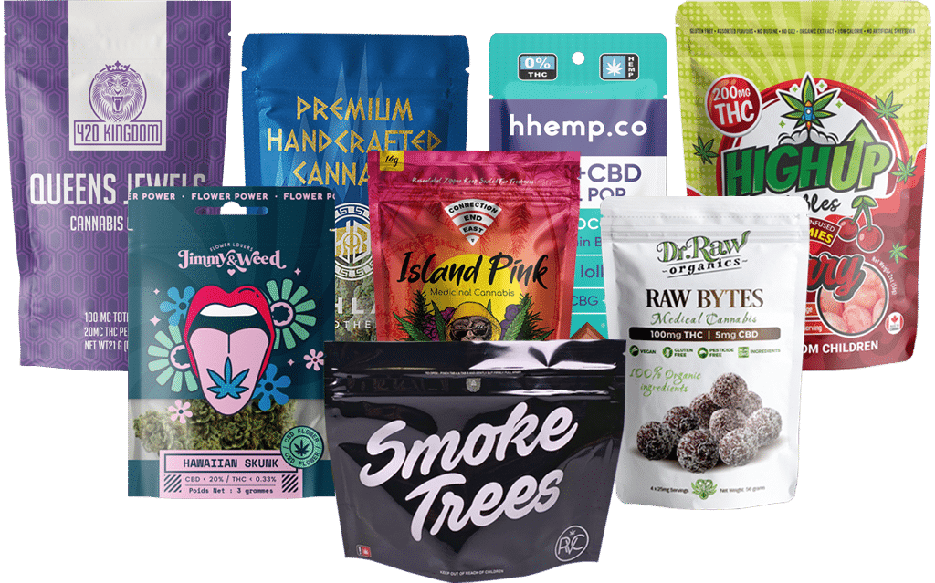 A variety of cannabis product packaging is displayed, including brands like Hemplucid, Queens Jewel, and Dr. Raw Organics. The packages feature diverse designs and colors, showcasing products like edibles—especially gummies from Gummygenix—pre-rolls, and raw cannabis.