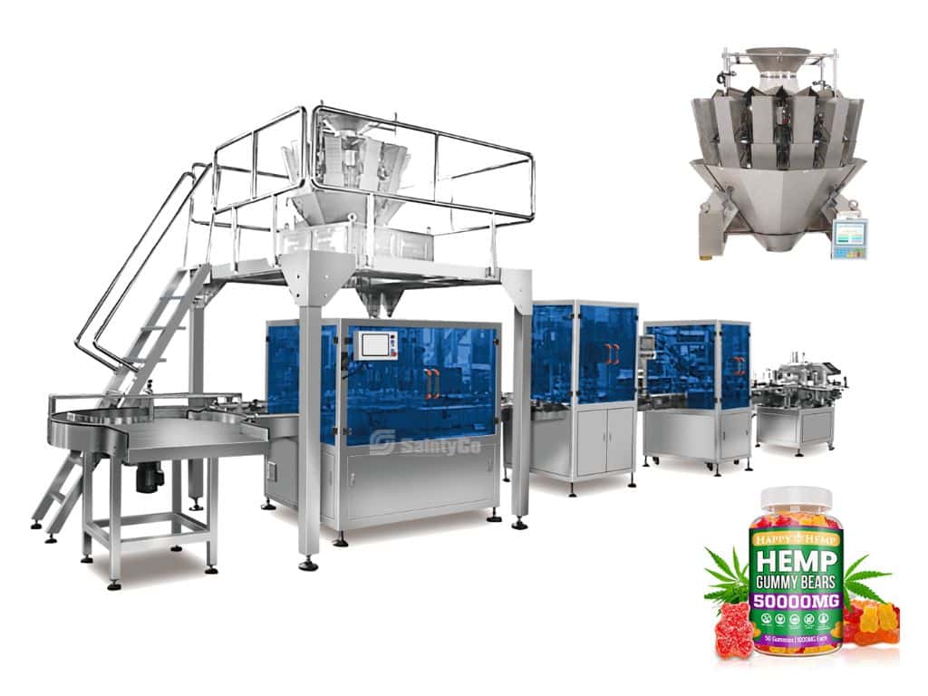 An industrial packaging machine setup by SaintyCo featuring stainless steel machinery with a platform and stairs, automated sorting, and packing sections with blue panels, and a control panel. A jar of GummyGenix hemp gummy bears is shown in the foreground, labeled with "50000MG".
