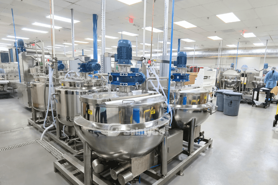 A modern gummy production facility with advanced gummy machinery and safety compliance signs.