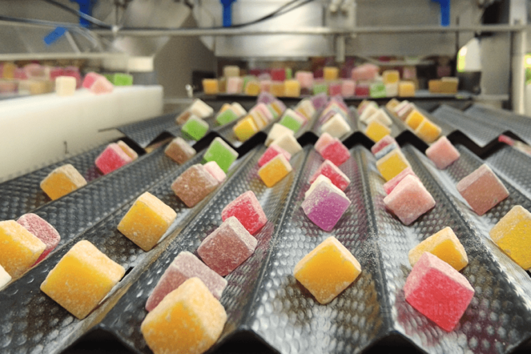 Colorful sugar-coated gummy candies move along a slanted conveyor belt in the candy factory. The Gummies, in various flavors such as yellow, pink, green, and orange, travel upwards in neat rows on the textured black metal surface as they head towards the GummyDepositor for final processing.