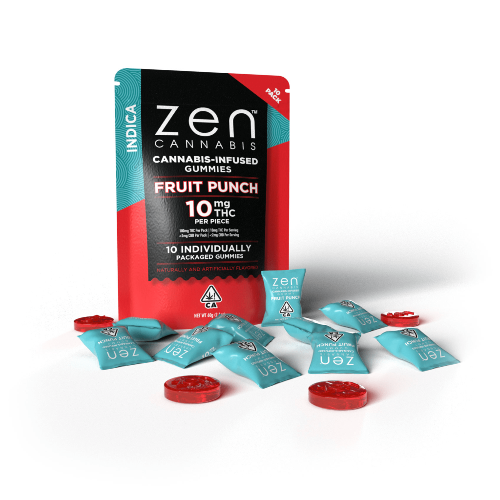 A package of Zen Cannabis-infused gummies labeled "Indica, Fruit Punch, 10 mg THC per piece," is surrounded by several individually wrapped gummies and two unwrapped red gummies. The package states "10 individually packaged gummies" and includes a CA warning symbol, showcasing the precision of their gummy making machine.