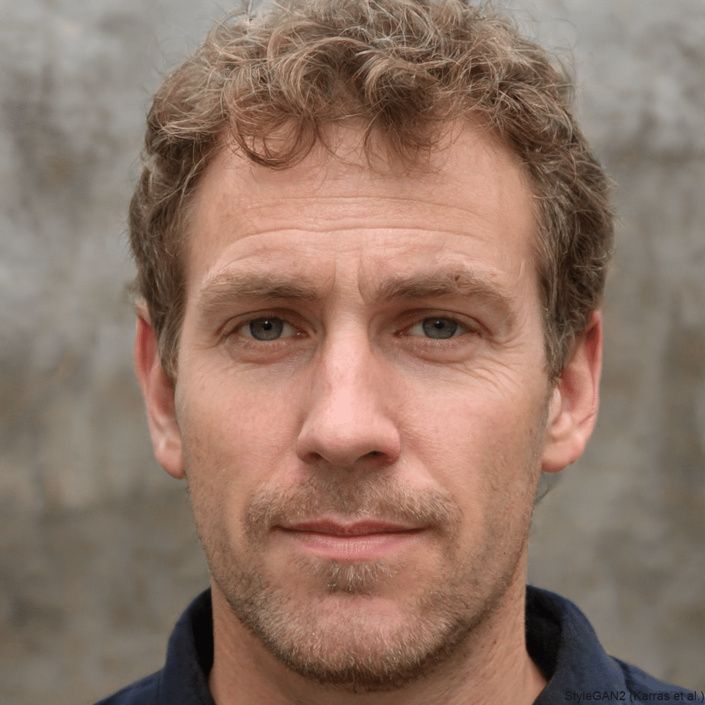 A man with short, curly brown hair and light stubble looks directly at the camera. He has a neutral expression and is wearing a dark-colored shirt. The background is a plain, textured gray surface that contrasts subtly with his appearance; he could be contemplating the complexities of gummy manufacturing equipment.