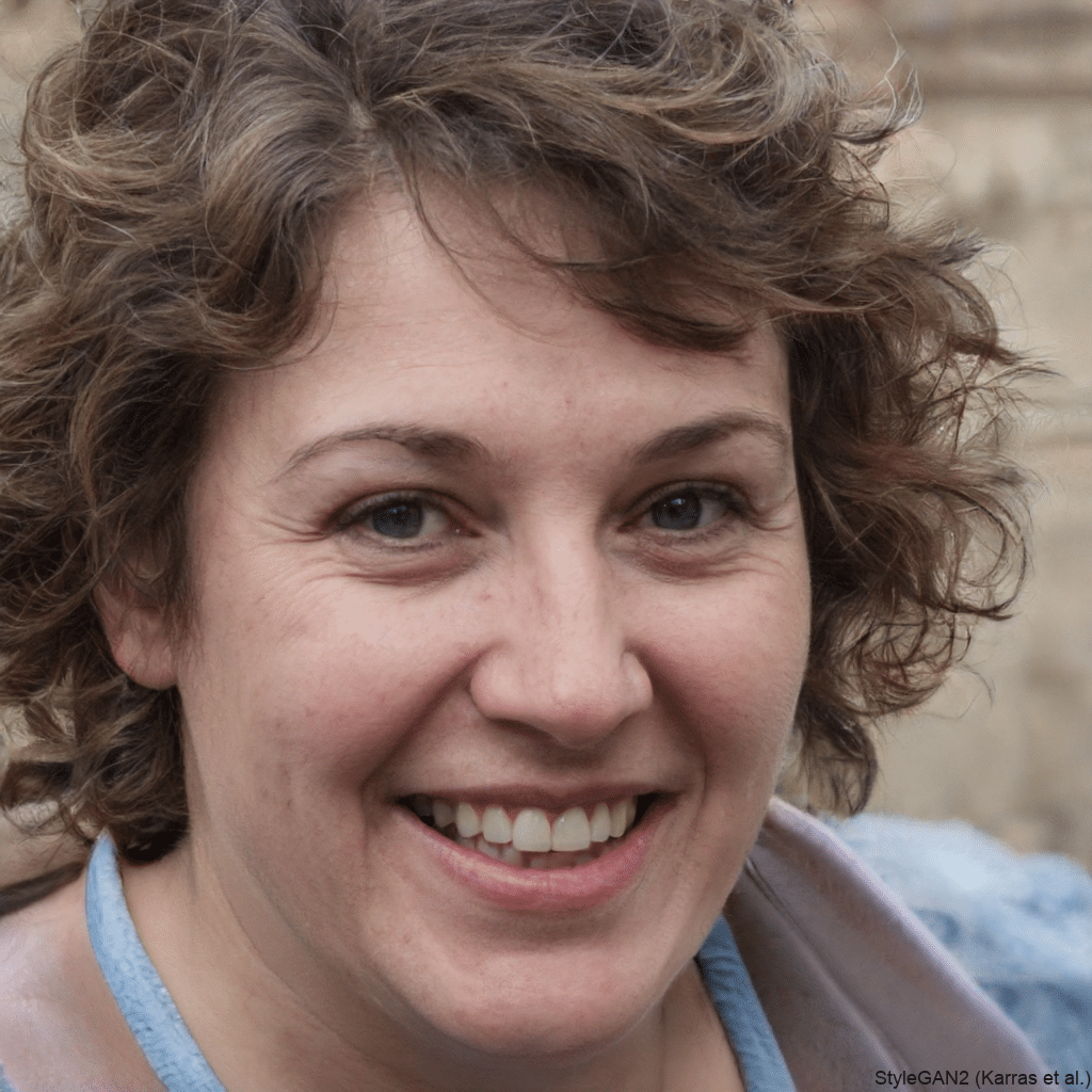 A woman with wavy brown hair, wearing a light blue top, is smiling at the camera. The background is slightly blurred, featuring what appears to be an outdoor setting with stone or brick structures and a SaintyCo gummy depositor.