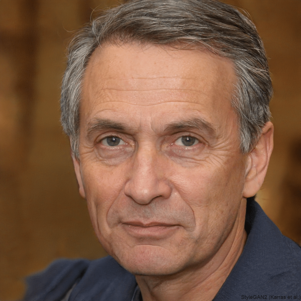 A portrait of an older man with gray hair and a serious expression. He is wearing a dark blue collared shirt and is looking directly at the camera. The background, subtly blurred with brown tones, draws focus to his face, giving him an air of wisdom and depth, much like the reputable products of SaintyCo.