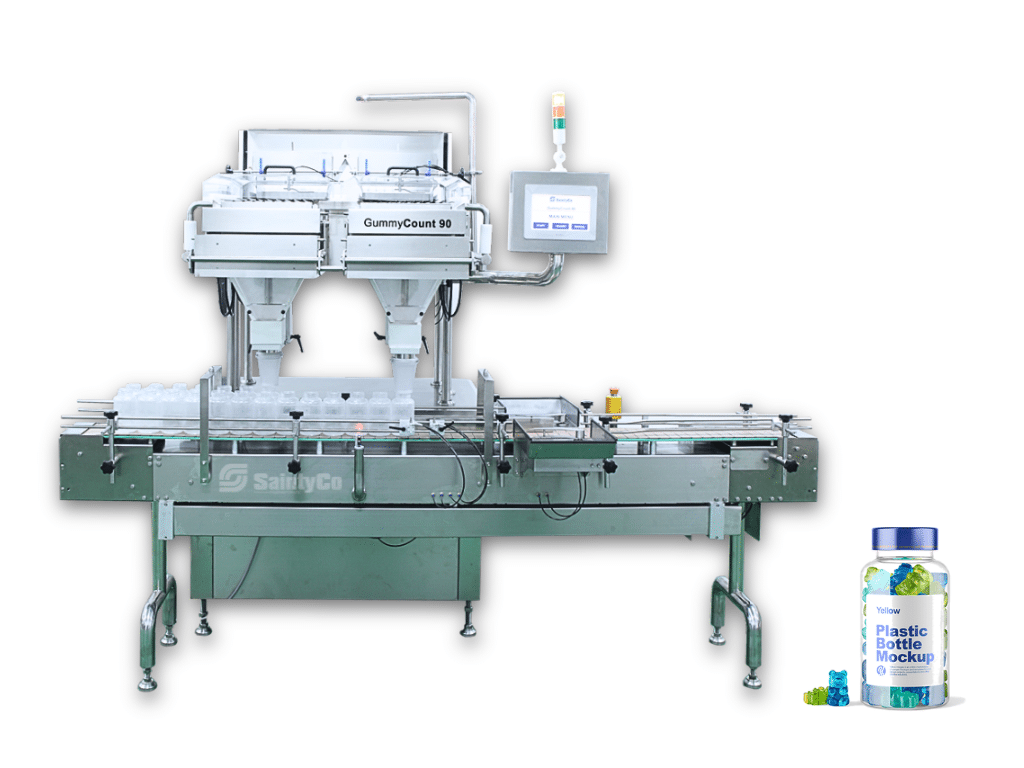 A GummyCount 90 machine, a sophisticated piece of gummy manufacturing equipment, operates on a factory line with a control screen and conveyor belt. To the right, a plastic bottle mockup filled with gummy bears is shown, labeled "Plastic Bottle Mockup." The machine is labeled "SaintyCo.