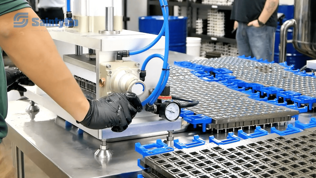 A person wearing black gloves operates a gummy depositor in a manufacturing setting. Various blue and black components are placed on a table. In the background, another person stands and shelves with additional parts can be seen. The logo "SaintyCo" is visible.