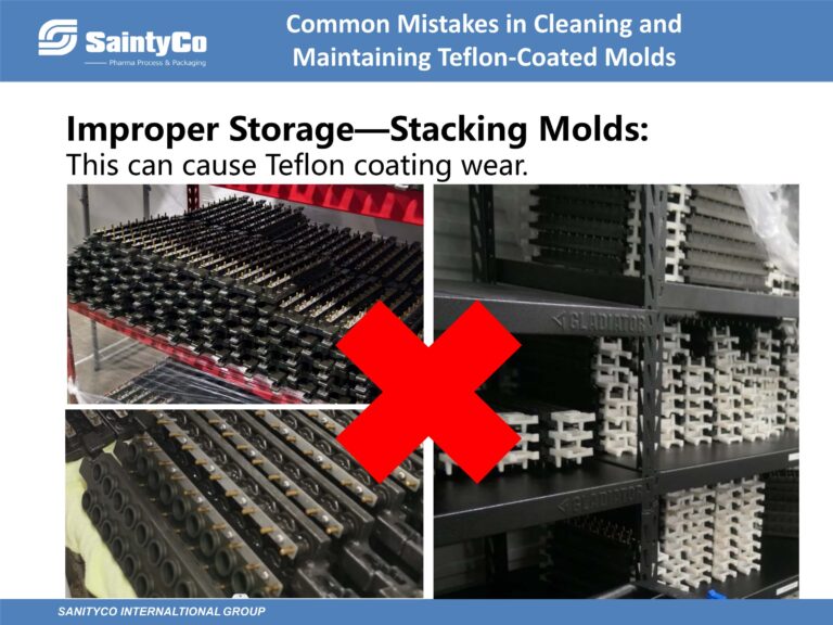 An informational graphic by SaintyCo addressing "Common Mistakes in Cleaning and Maintaining Teflon-Coated Molds" used in gummy manufacturing equipment. It highlights the mistake of improper storage by stacking molds, which can cause Teflon coating wear. The main image shows stacked molds with a large red 'X' over it.