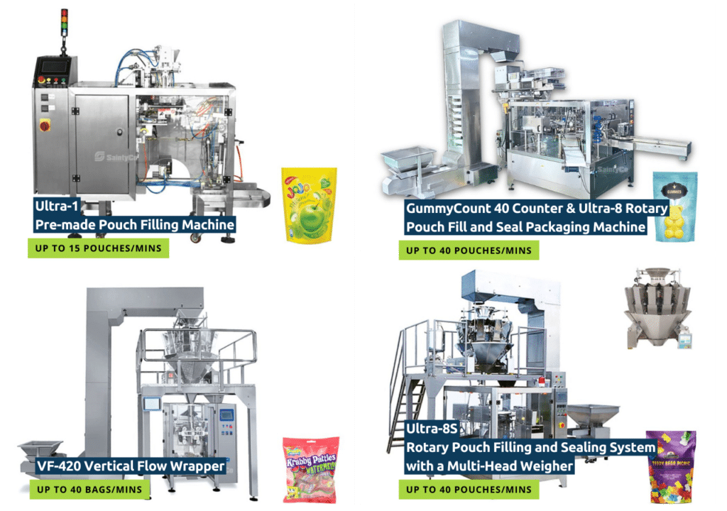 An image divided into four sections showcases different SaintyCo GummyGenix packaging machines. Top left: Ultra-1 Pre-made Pouch Filling Machine. Top right: GummyCount 40 Counter & Ultra-8 Rotary Pouch Fill and Seal Packaging Machine from a premier gummy machine supplier. Bottom left: VF-420 Vertical Flow Wrapper. Bottom right: Ultra-8S Rotary Pouch Filling and Sealing System with a Multi