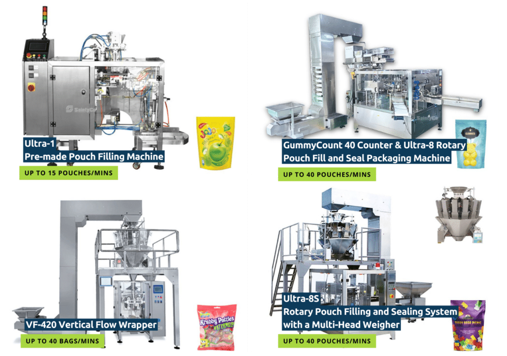 An image divided into four sections showcases different SaintyCo GummyGenix packaging machines. Top left: Ultra-1 Pre-made Pouch Filling Machine. Top right: GummyCount 40 Counter & Ultra-8 Rotary Pouch Fill and Seal Packaging Machine from a premier gummy machine supplier. Bottom left: VF-420 Vertical Flow Wrapper. Bottom right: Ultra-8S Rotary Pouch Filling and Sealing System with a Multi