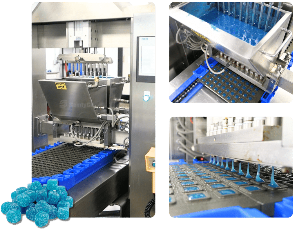 A manufacturing machine, supplied by a leading gummy machine supplier, fills blue gummy molds on a production line. The top-left image shows the main filler, the top-right image displays the gelatin mixture being prepared, and the bottom-right image focuses on the nozzles dispensing liquid into the molds.