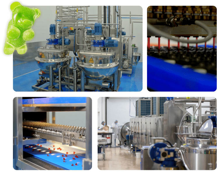 A collage of images showing a gummy manufacturing process: various industrial machines from a gummy making machine supplier of SaintyCo GummyGenix in the USA, a close-up of red candies on a conveyor belt, a gummy bear, and workers in protective gear operating equipment in a factory setting.