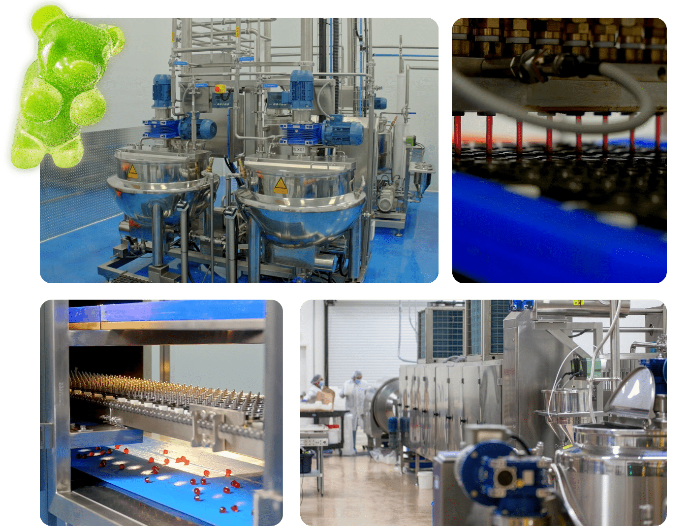 A collage of images showing a gummy manufacturing process: various industrial machines from a gummy making machine supplier of SaintyCo GummyGenix in the USA, a close-up of red candies on a conveyor belt, a gummy bear, and workers in protective gear operating equipment in a factory setting.