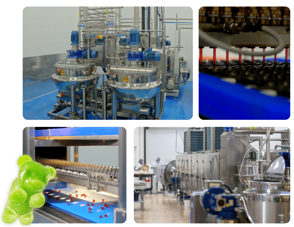 A collage of images showing a gummy manufacturing process: various industrial machines from a gummy making machine supplier of SaintyCo GummyGenix in the USA, a close-up of red candies on a conveyor belt, a gummy bear, and workers in protective gear operating equipment in a factory setting.