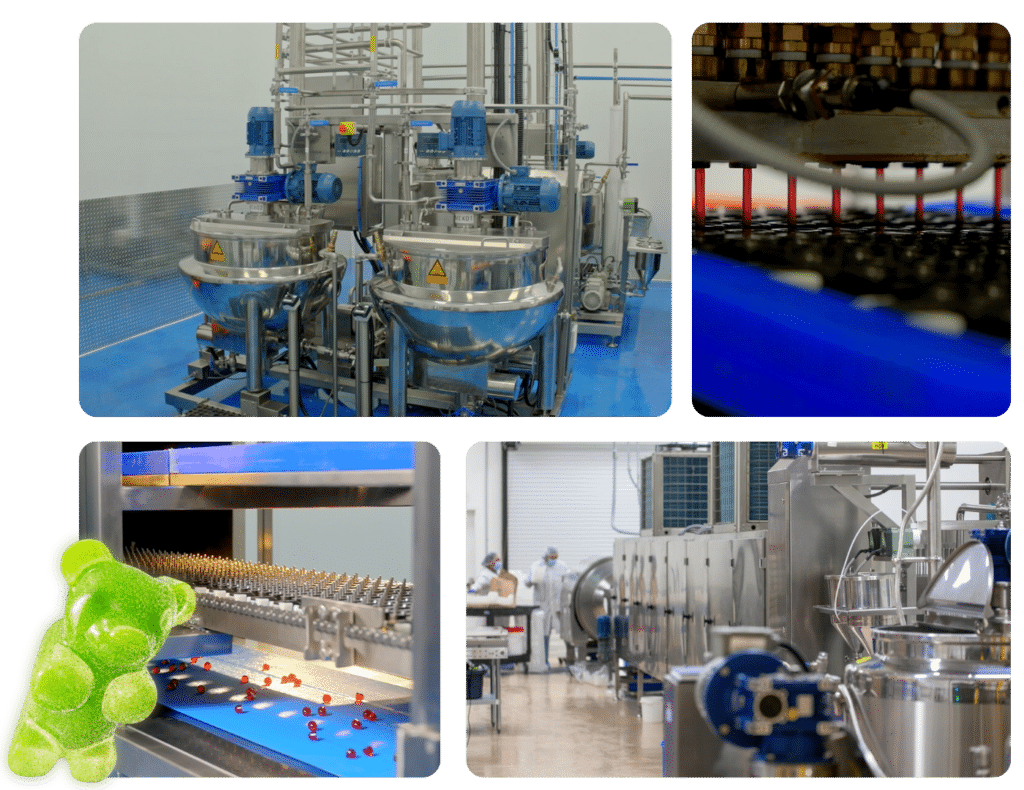 A collage of images showing a gummy manufacturing process: various industrial machines from a gummy making machine supplier of SaintyCo GummyGenix in the USA, a close-up of red candies on a conveyor belt, a gummy bear, and workers in protective gear operating equipment in a factory setting.