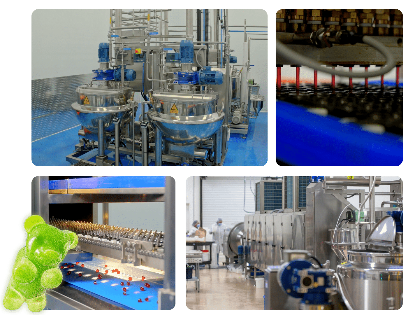 A collage of images showing a gummy manufacturing process: various industrial machines from a gummy making machine supplier of SaintyCo GummyGenix in Canada, a close-up of red candies on a conveyor belt, a gummy bear, and workers in protective gear operating equipment in a factory setting.