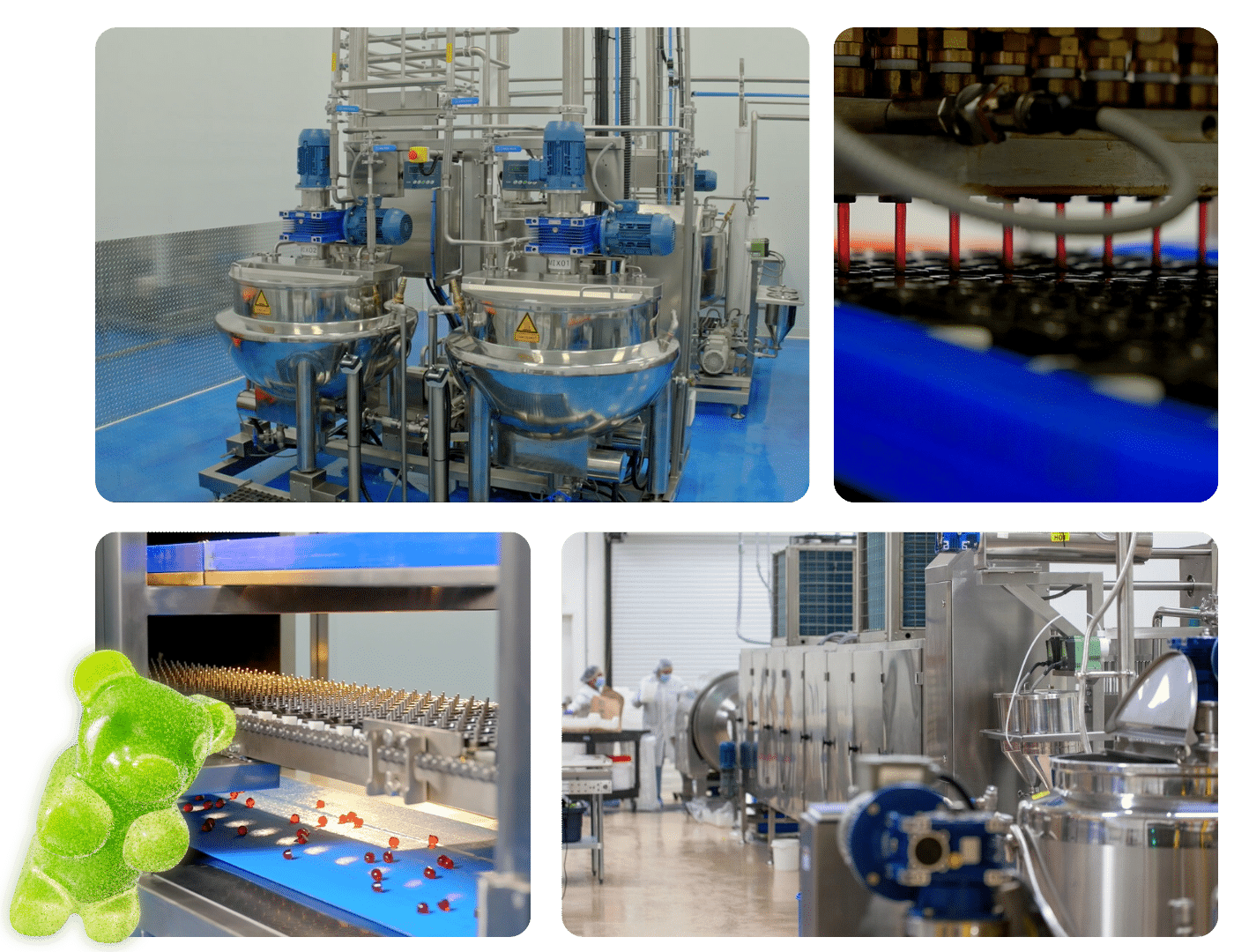 A collage of images showing a gummy manufacturing process: various industrial machines from a gummy making machine supplier of SaintyCo GummyGenix in Canada, a close-up of red candies on a conveyor belt, a gummy bear, and workers in protective gear operating equipment in a factory setting.