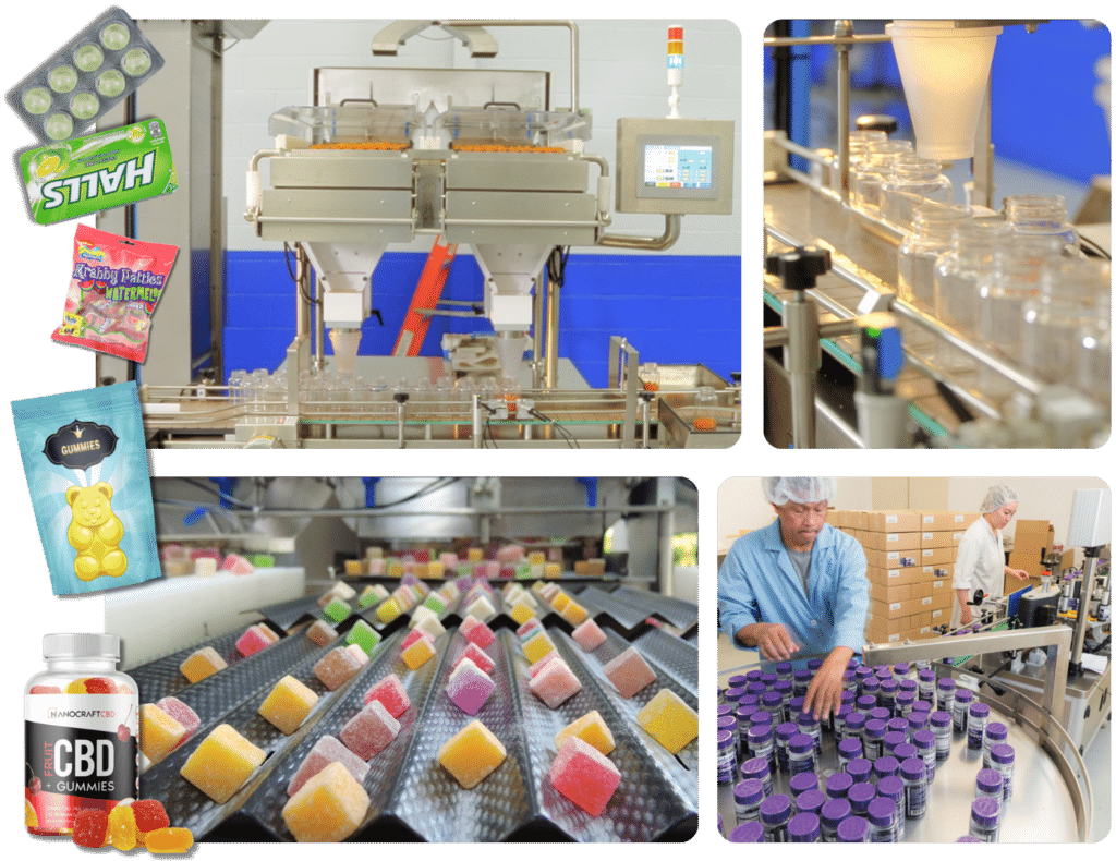 A collage of images showcasing candy and gummy production. It features a cutting-edge gummy manufacturing equipment from GummyGenix by SaintyCo for a client in Canada, including a production line with machinery, candy packages like CBD gummies and sprinkled square gummies, empty jars on a conveyor, and workers filling jars with colorful gummies.