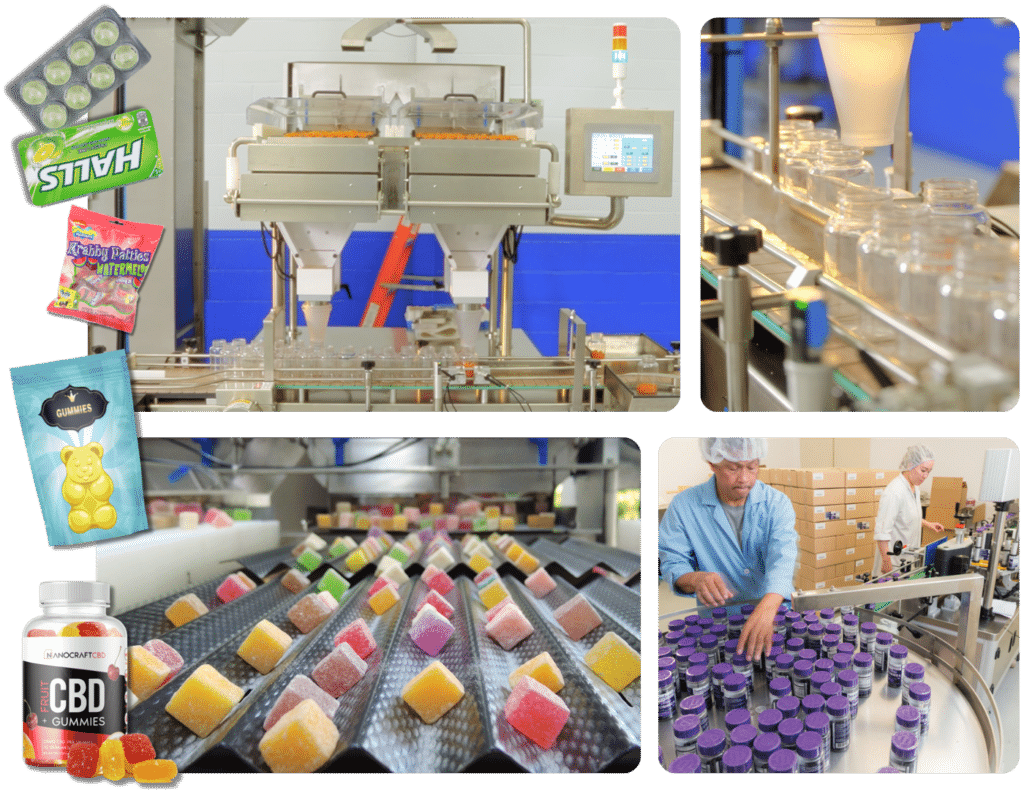 A collage of images showcasing candy and gummy production. It features a cutting-edge gummy manufacturing equipment from GummyGenix by SaintyCo for a client in Canada, including a production line with machinery, candy packages like CBD gummies and sprinkled square gummies, empty jars on a conveyor, and workers filling jars with colorful gummies.