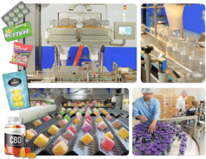 A collage of images showcasing candy and gummy production. It features a cutting-edge gummy manufacturing equipment from GummyGenix by SaintyCo for a client in Canada, including a production line with machinery, candy packages like CBD gummies and sprinkled square gummies, empty jars on a conveyor, and workers filling jars with colorful gummies.