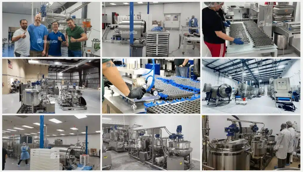 A collage of nine images showing various scenes inside a factory. Workers in protective gear operate machines, handle equipment, and manage the gummy production line in a clean, industrial setting with large metal tanks and advanced SaintyCo GummyGenix gummy making machinery.