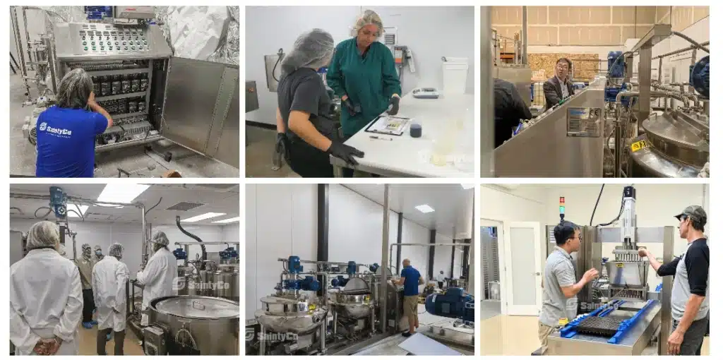 Collage of six images showing people working in a laboratory or industrial setting. They are operating SaintyCo GummyGenix gummy-making machinery, checking equipment, and discussing processes. Everyone is wearing safety attire such as hairnets, lab coats, and gloves.