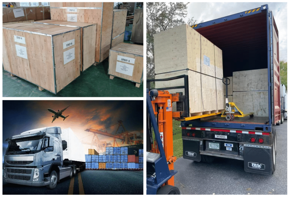 Top left: Wooden crates with labels stacked in a warehouse. Bottom left: A large truck, shipping containers, and an airplane depict global logistics. Right: A large wooden crate of gummy making machines of SaintyCo GummyGenix being loaded into a shipping container on the back of a truck for delivery to the USA.