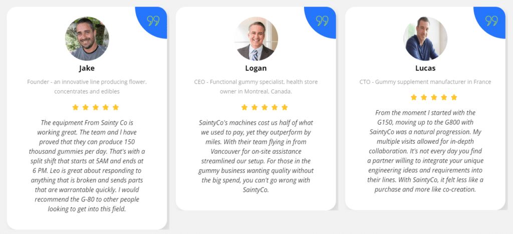 A testimonial section featuring three individuals - Jake, Logan, and Lucas. Each has a professional image and a detailed review of their positive experience with "Sainty Co." The reviews highlight the company's quality gummy making machines and exceptional support services.