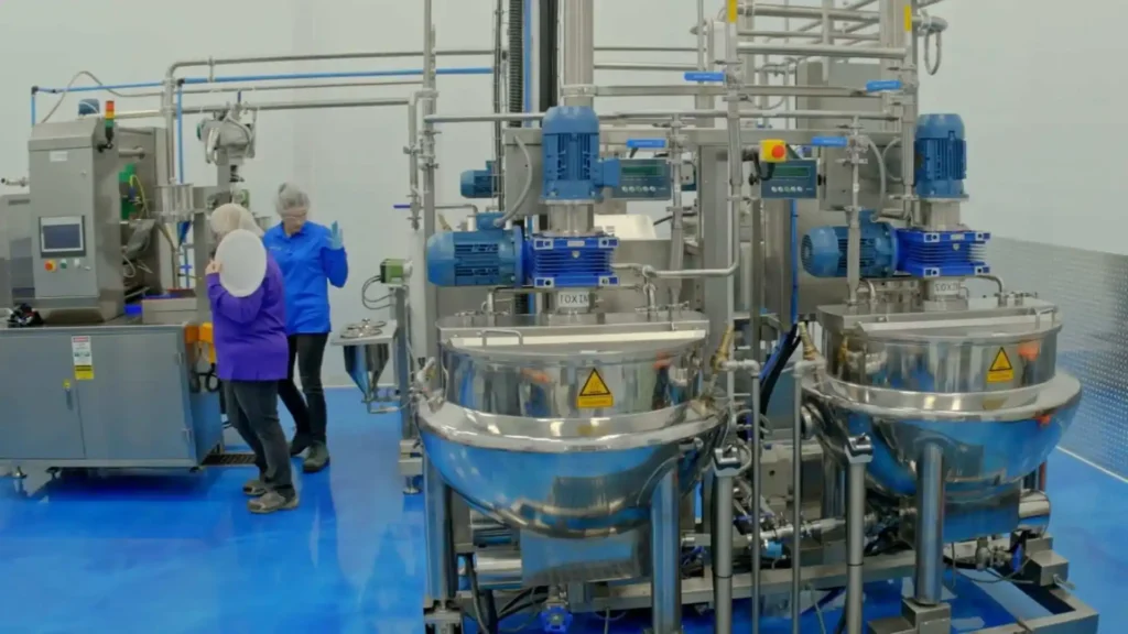 Several large stainless steel gummy making machines with numerous pipes and valves are in a factory setting with a bright blue floor. Three people in protective clothing, including hairnets, are interacting in the background near the machines.