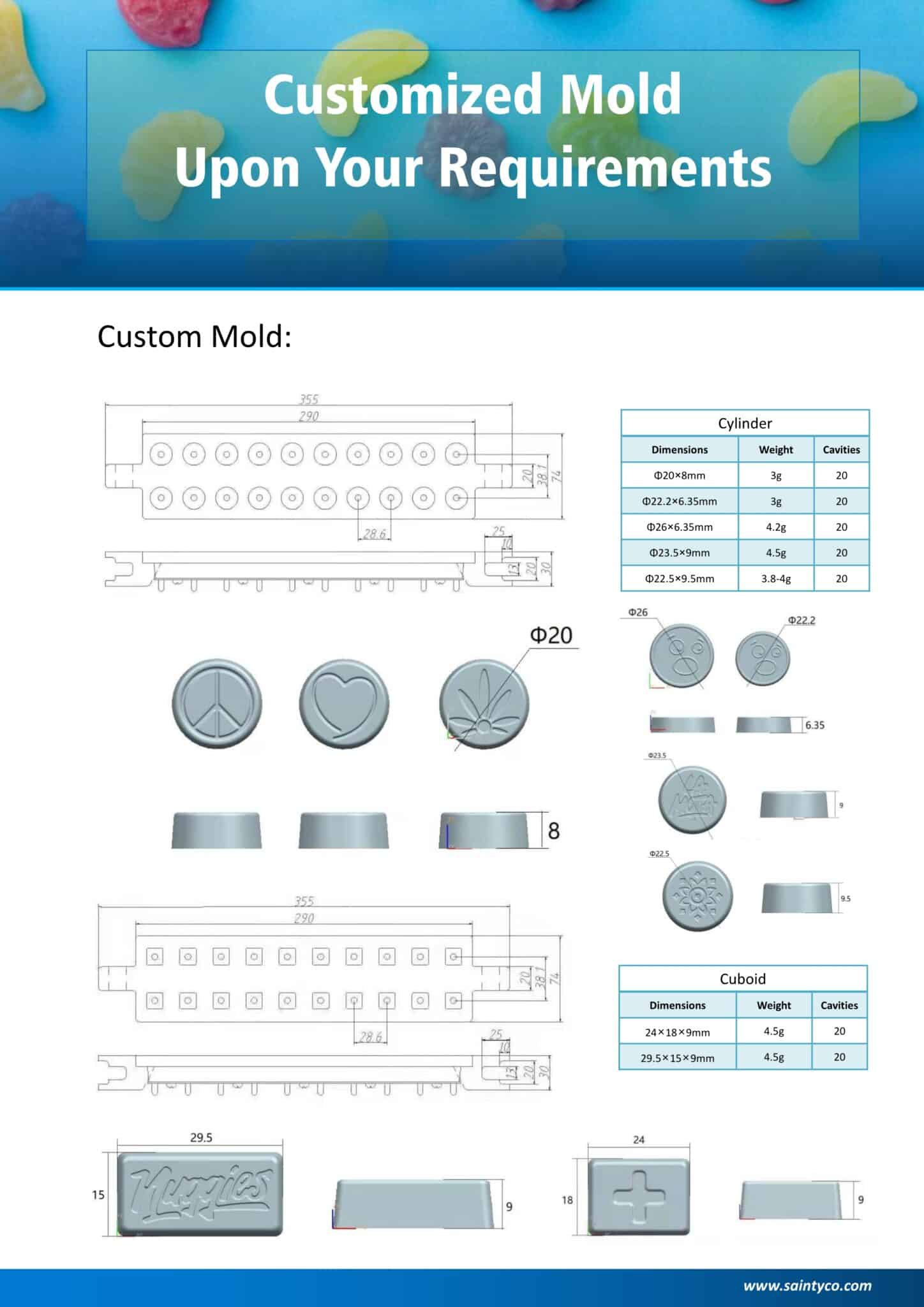 SaintyCo Customizable Gummy Mold Examples