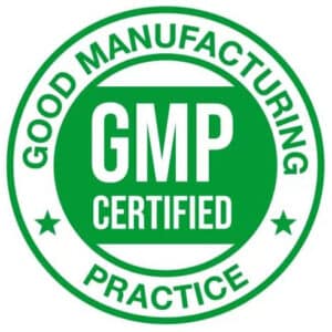 A circular green badge with "Good Manufacturing Practice" written around the outer edge, "GMP Certified" in bold letters in the center, and two stars on either side—perfect for ensuring your gummy making machine meets industry standards.